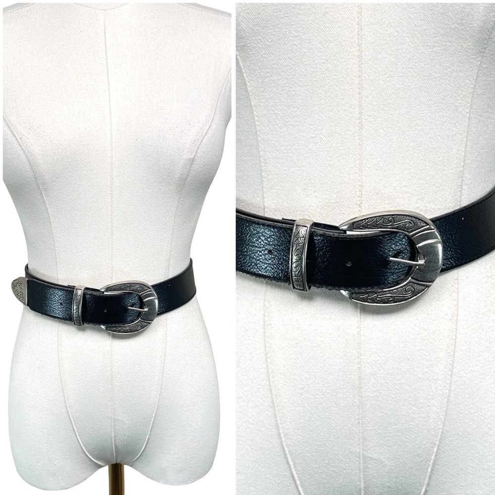 Vintage Western Engraved Belt Women M Black Silver Ornate Southwest Rodeo
